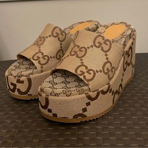 Gucci Jumbo GG Canvas Wedge Platform Sandal